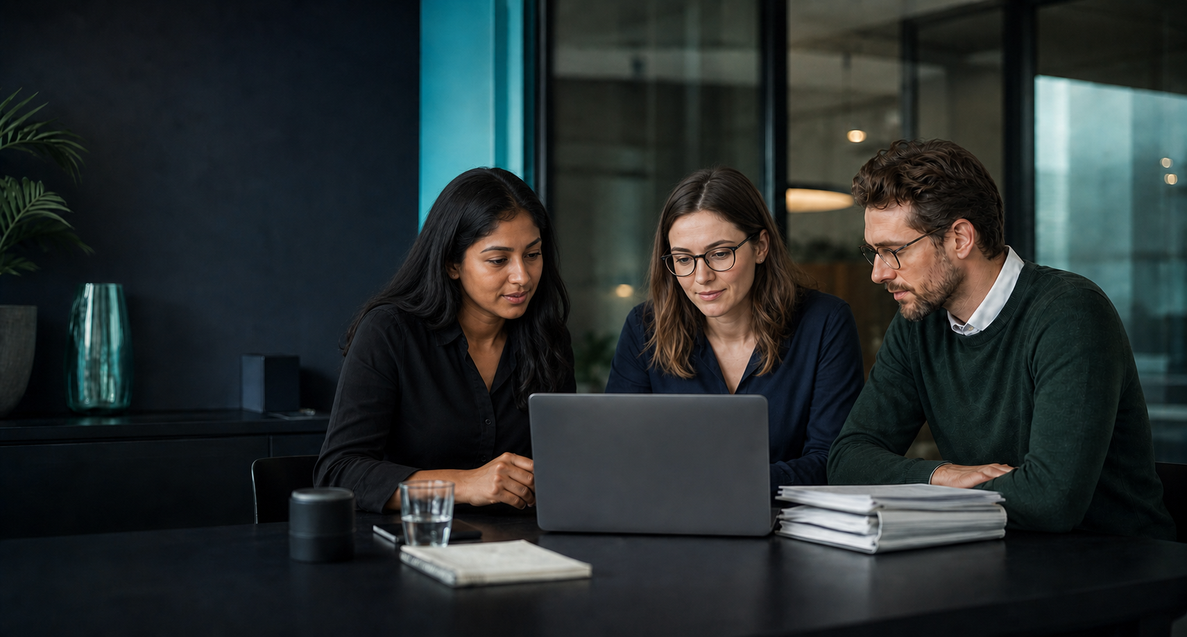 Two younger women and one man reviewing organised records together around a laptop.