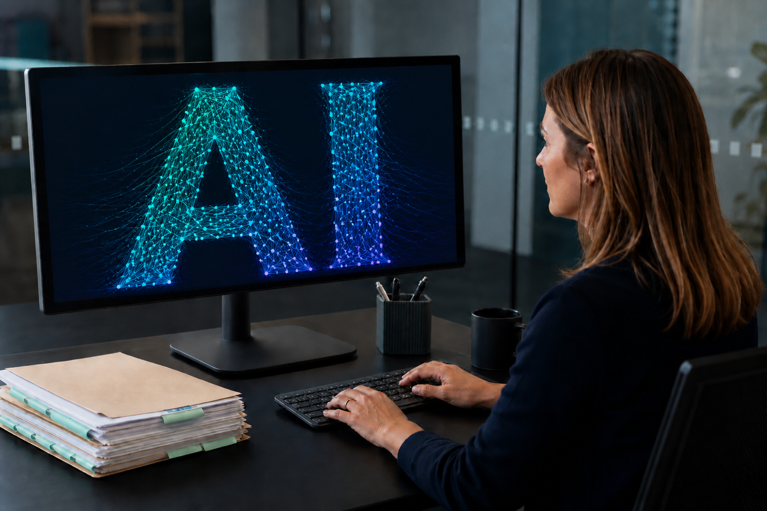 A professional viewing a large AI symbol formed from connected data paths on a monitor.